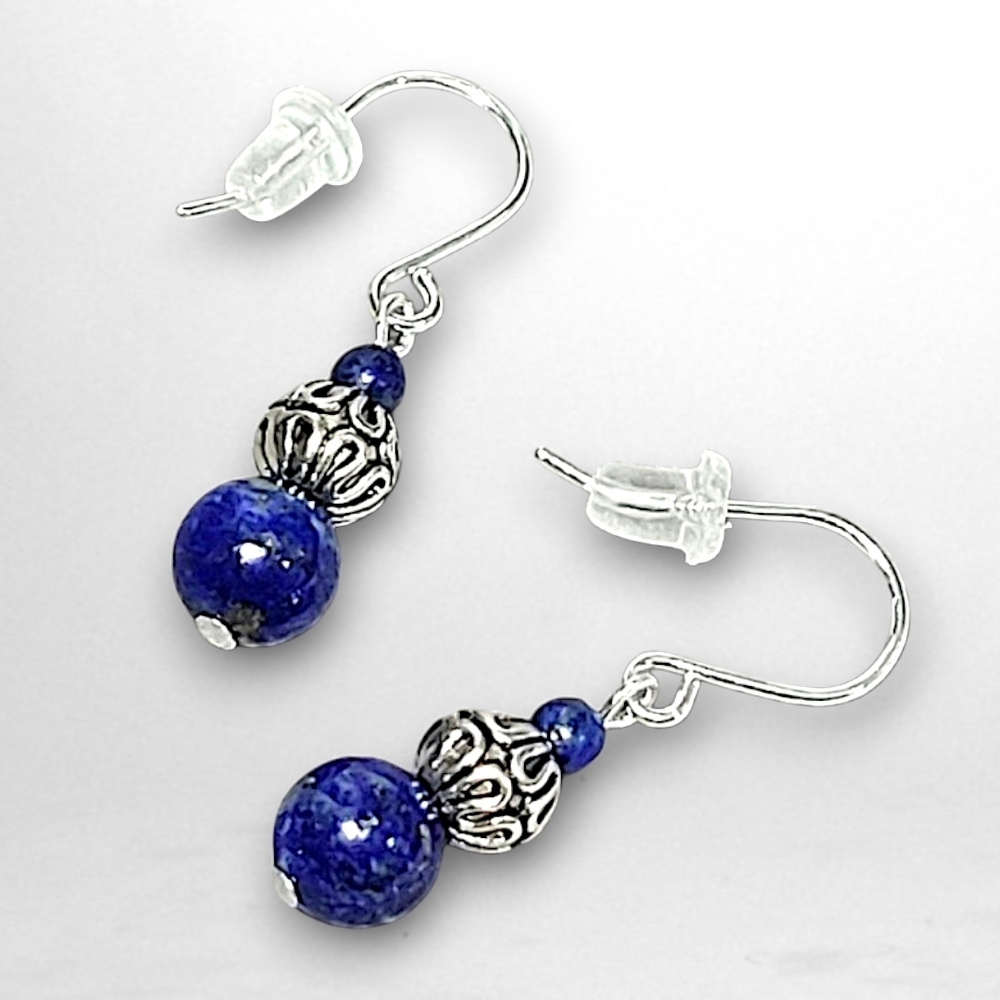 Hand Crafted Lapis Drop Earrings Lazuli Dainty Silver Tone - Picture 5 of 5
